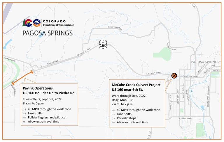 US 160 McCabe Creek in Pagosa Springs travel impacts map