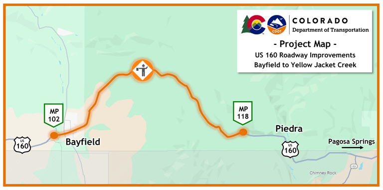 Colorado Department of Transportation US 160 Roadway Improvements Project Map of chip seal work between Bayfield and Yellow Jacket Creek from Mile Points 102 to 118