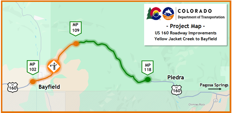 US 160 Roadway Improvements Project Map showing the completed and incomplete section of US 160 chip seal operations between Yellow Jacket Creek and Bayfield (Mile Points 118 to 102)