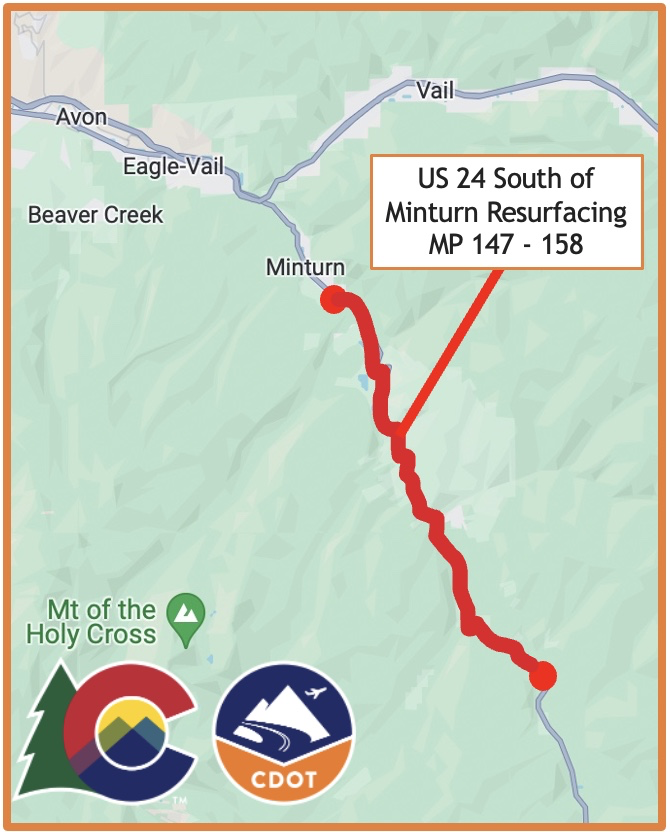 US 24 South of Minturn Resurfacing Project Location Map Mile Points 147 and 158.png detail image