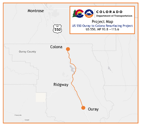CDOT Project Map of US 550 Ouray to Colona Resurfacing Project zones located between Mile Points 93.8 and 115.6.