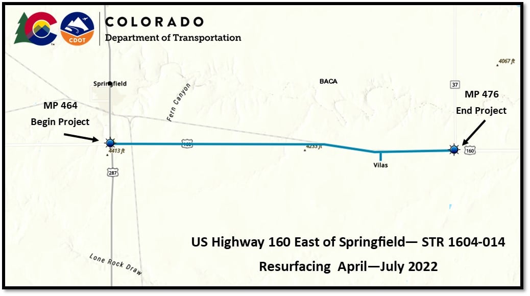 US 160 CO 100 Resurfacing project location aerial view