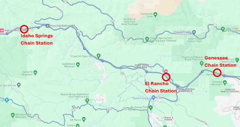 Map of Idaho Springs, El Rancho and Genesee along I-70