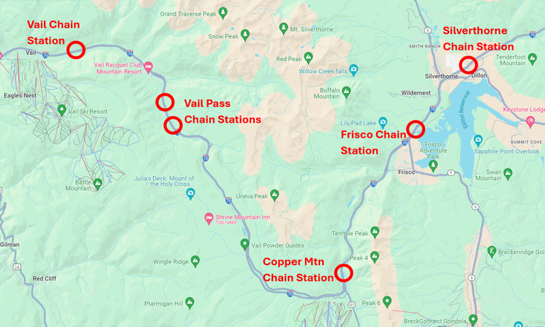 Map of Vail, Vail Pass, Copper Mountain, Frisco and Silverthorne along I-70