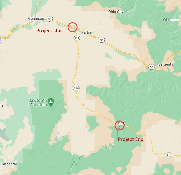 Map for CO 114 Overlay Project in Gunnison and Saguache Counties