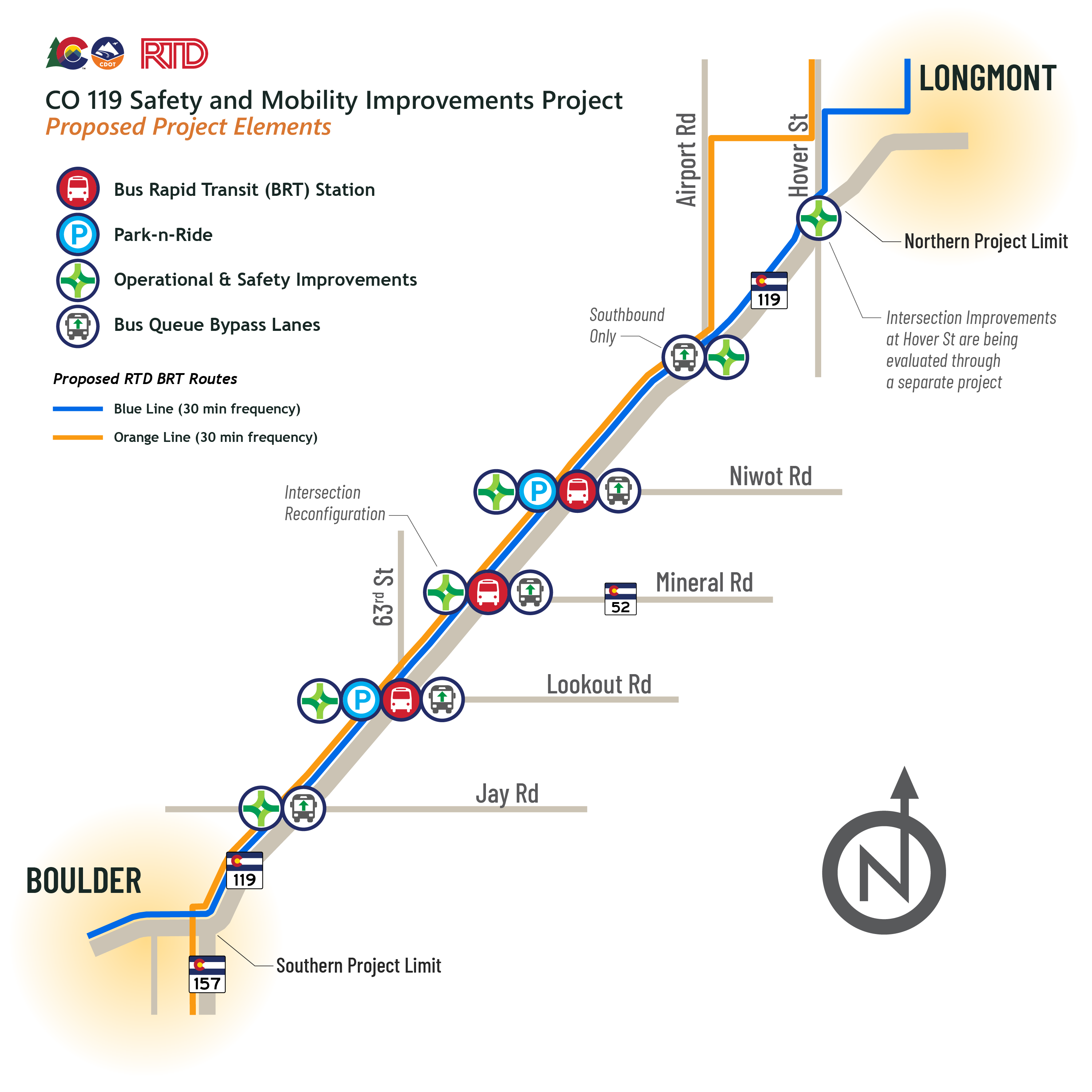 Alt text: Map showing project improvements at 5 signalized intersections between Boulder and Longmont on CO 119 