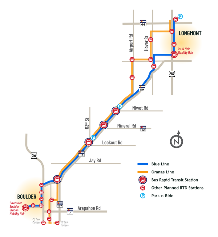 Map showing CO 119 Bus Rapid Transit (BRT) Stations and routes between Boulder and Longmont, Colorado. The routes include Blue Line from Downtown Boulder to Longmont and Orange Line from Longmont to Boulder