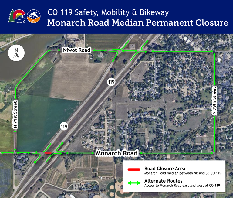 Map of CO 119 and Monarch Road area.