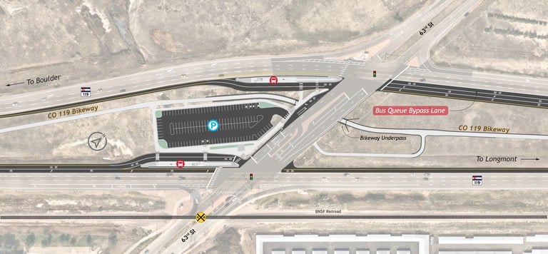 A schematic map of the intersection at 63rd St and CO 119, detailing the layout and features of the area. 