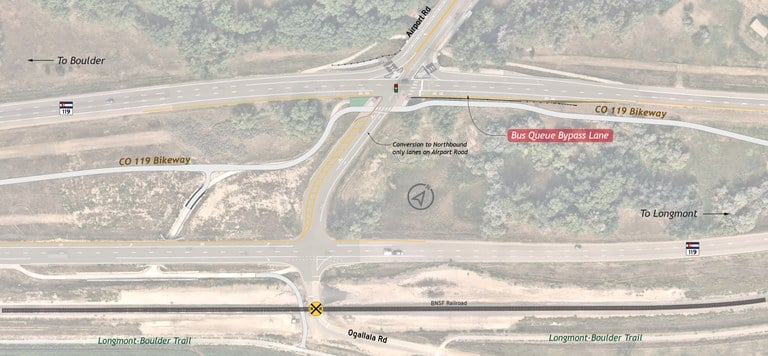 A schematic map of the intersection at Airport Rd and CO 119, showing the layout and features of the area. 