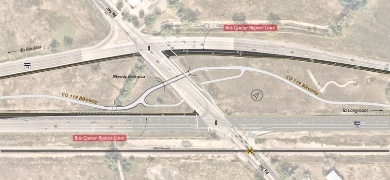 A schematic map of the intersection at Jay Road and CO 119, showing the layout and features of the area.