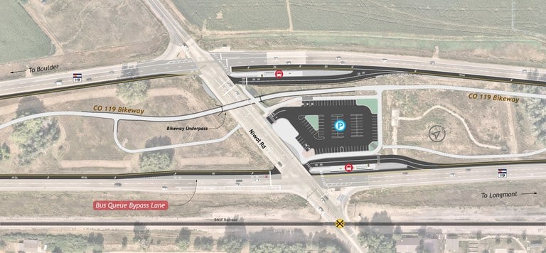 A schematic map of the intersection at Niwot Rd and CO 119, showing the layout and features of the area.