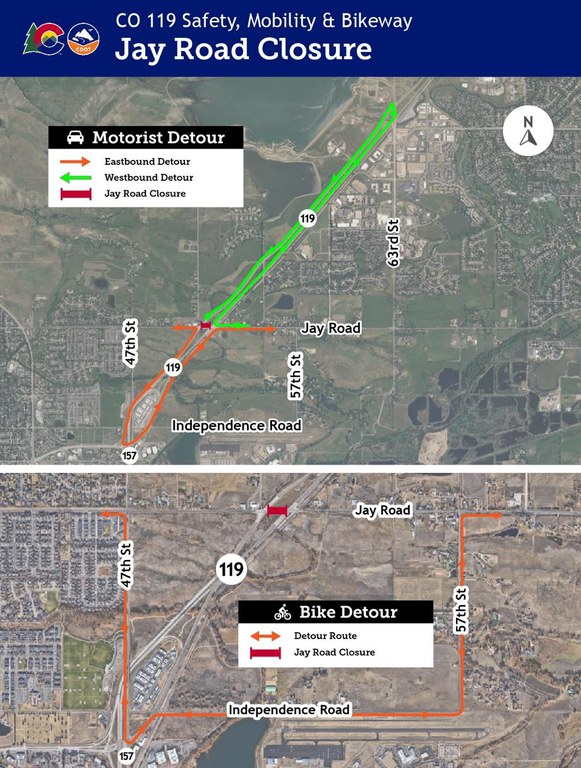 Jay Road closure and motorist and bike detour maps