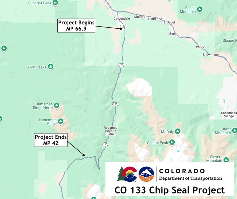 Project Map of CO 133 Chip Seal Project from Roaring Forks High School in Carbondale to McClure Pass.