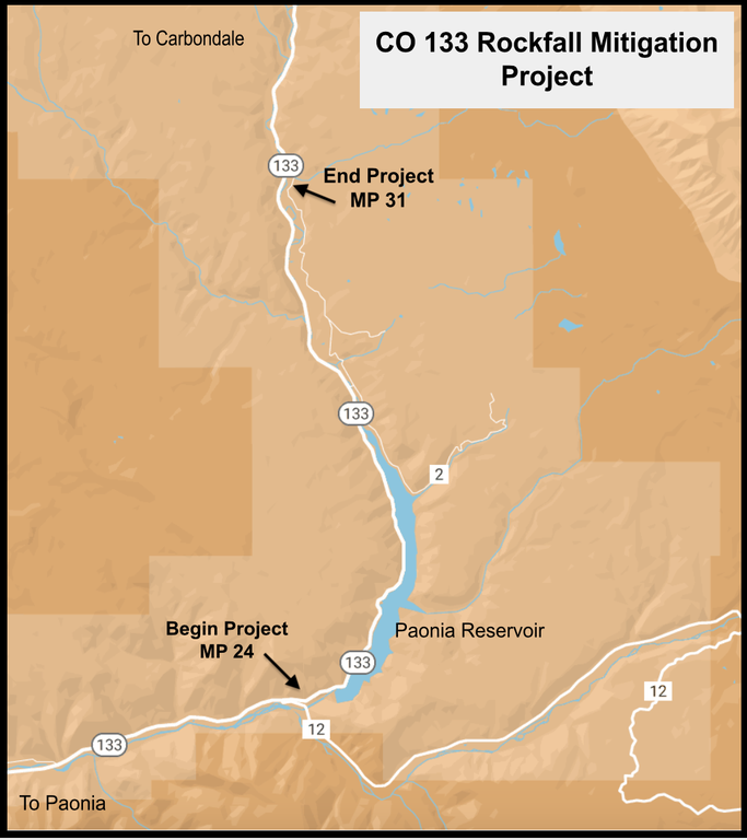 Map of CO 133 rockfall mitigation project location between mile points 24 and 31