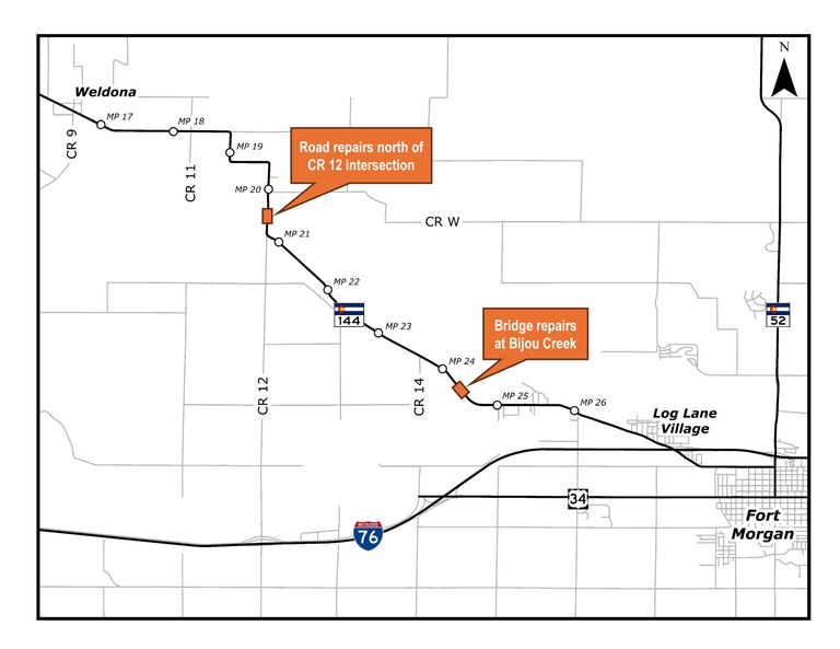 Map of Morgan County Road 12 Road Repairs and Bijou Creek Bridge Repairs Locations