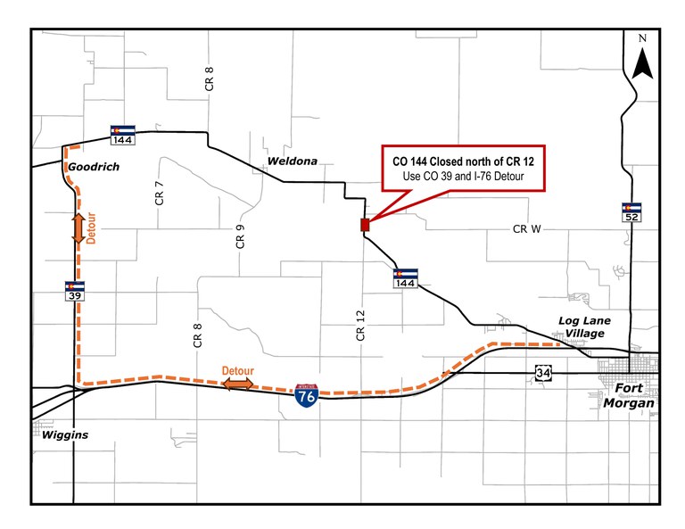 Detour map for CO 144 full closure north of Morgan County Road 12