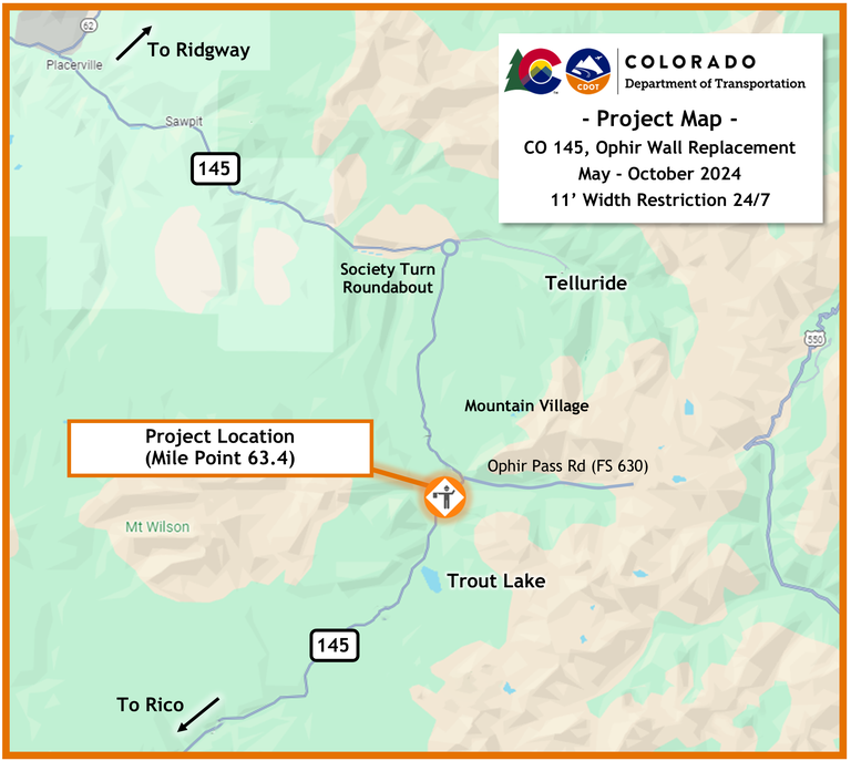 CDOT Project Map of the Ophir Wall Replacement work zone located at Mile Point 63.4 on CO 145 just south of Ophir Pass Road (Forest Service Road 630).