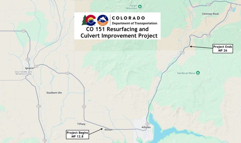 Project map of CO 151 resurfacing and culvert improvement project in La Plata/Archuleta county