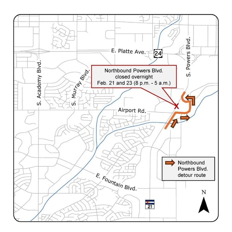 Map of eastern Colorado Springs displaying detour route for the closure of northbound Powers Boulevard (Colorado Highway 21) at Airport Road.  Motorists will turn right on Airport Boulevard and reenter northbound Powers Boulevard via the on-ramp at Stewart Avenue.  Northbound Powers Boulevard closed overnight Feb. 21 and 23 from 8 p.m. to 5 a.m.