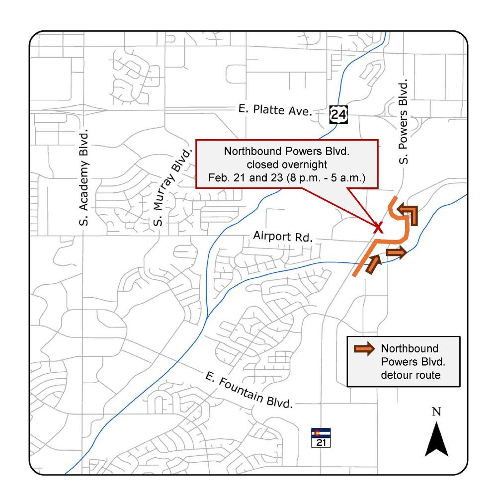 CO 21 Powers Boulevard Airport Interchange Detour and Closure Map Northbound Powers Boulevard .jpg detail image