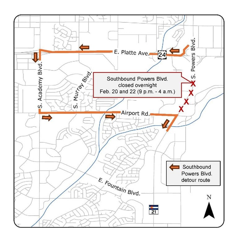 Map of eastern Colorado Springs displaying detour route for the closure of southbound Powers Boulevard (CO 21) at Platte Avenue