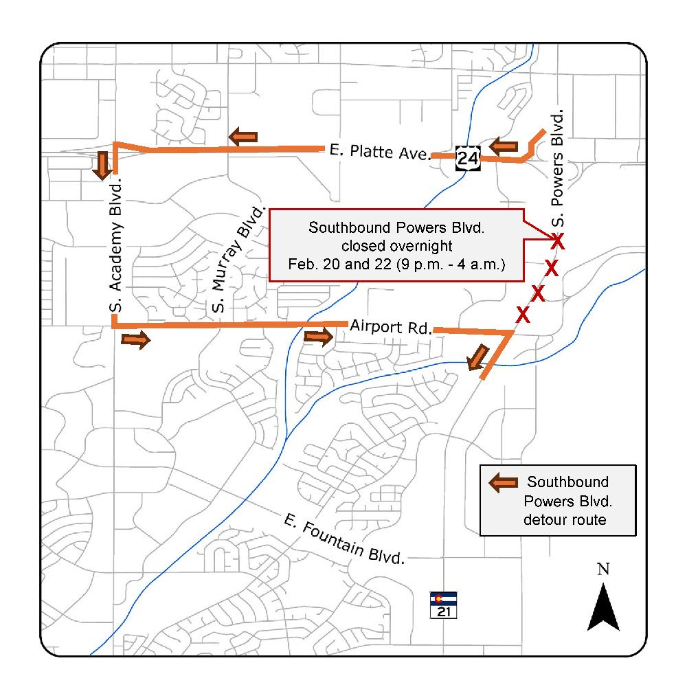 CO 21 Powers Boulevard Airport Interchange Detour and Closure Map Southbound Powers Boulevard Eastern Colorado Springs.jpg detail image