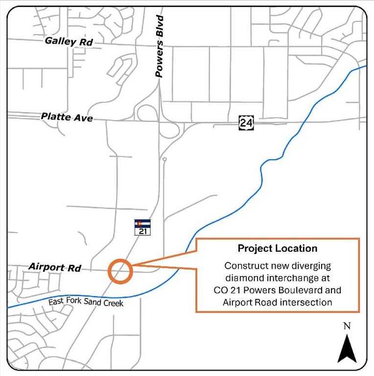 Map identifying the the construction area of new diverging diamond interchange at CO Highway 21 / US Highway 24 (Powers Boulevard) and Airport Road in east Colorado Springs