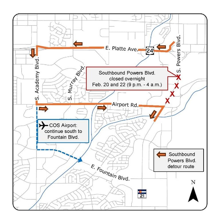 Map of eastern Colorado Springs displaying detour route for the closure of southbound Powers Boulevard (Colorado Highway 21) at Platte Avenue. Motorists will exit Powers Boulevard and head west on East Platte Avenue, south on South Academy Boulevard and east on Airport Road where they will reenter Southbound Powers Boulevard. Southbound Powers Boulevard closed overnight Feb. 20 and 22 from 9 p.m. to 4 a.m.   Motorists traveling to the Colorado Springs Airport should continue south on Academy Boulevard and head east on East Fountain Boulevard.