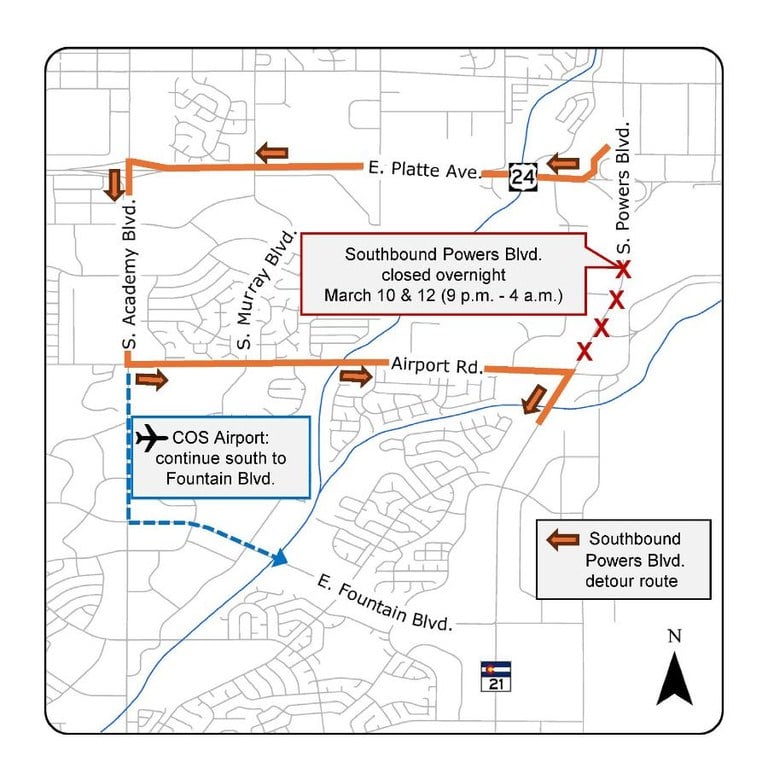 Map of eastern Colorado Springs displaying detour route for the closure of southbound Powers Boulevard (Colorado Highway 21) at East Platte Avenue. Motorists will exit Powers Boulevard and head west on East Platte Avenue, south on South Academy Boulevard and east on Airport Road where they will reenter southbound Powers Boulevard. Southbound Powers Boulevard closed overnight March 10 and 12 from 9 p.m. to 4 a.m.