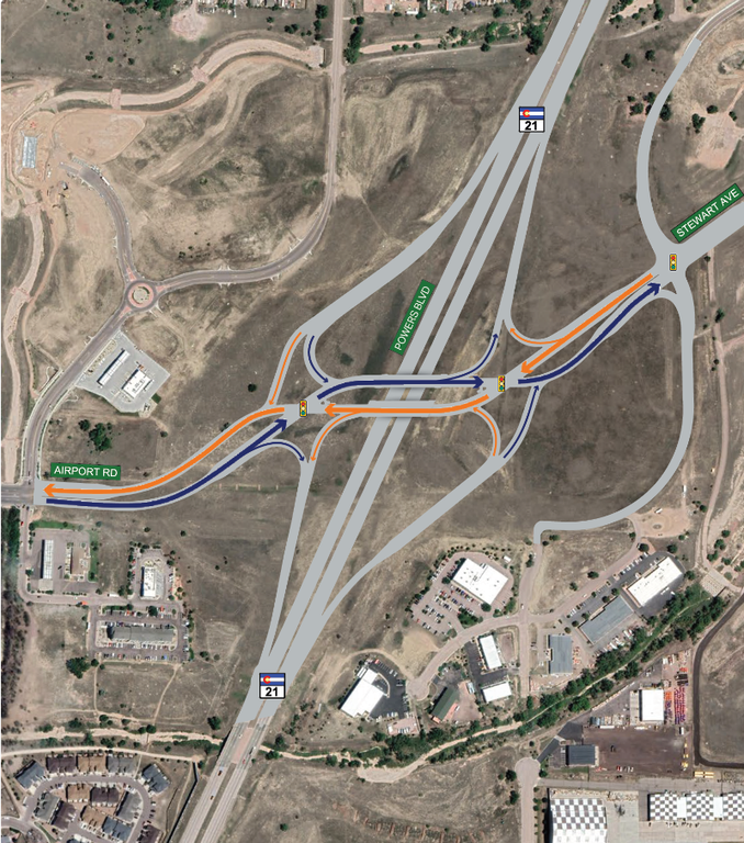 Map showing the final configuration of the Diverging Diamond Interchange on Airport Road crossing over Colorado Highway 21 Powers Boulevard