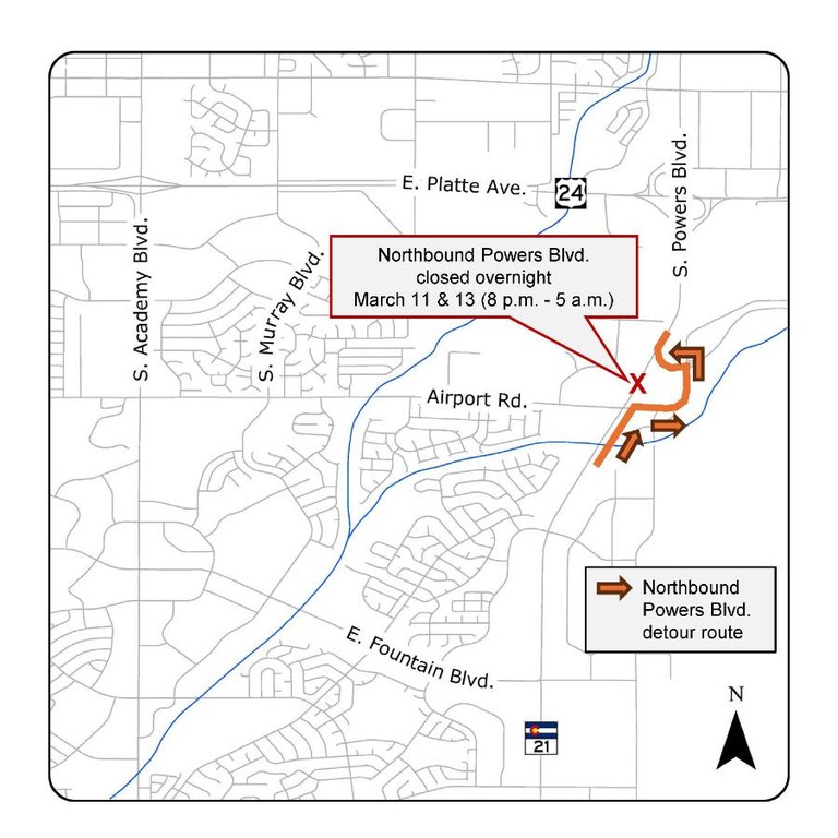 Map of eastern Colorado Springs displaying detour route for the closure of northbound Powers Boulevard (Colorado Highway 21) at Airport Road. All vehicles will turn right on Airport Boulevard and reenter northbound Powers Boulevard via the on-ramp at Stewart Avenue. Northbound Powers Boulevard closed overnight March 11 and 13 from 8 p.m. to 5 a.m.