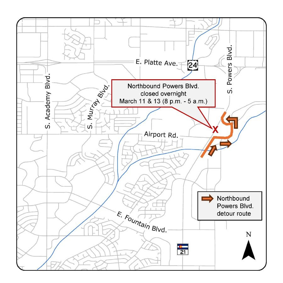 Northbound Detour Map for CO 21 Powers Boulevard Closure 031125 and 031325.jpg detail image