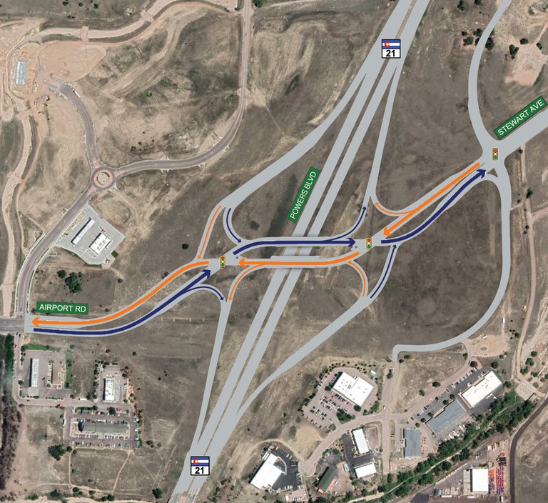 Traffic flow map of the future Powers Boulevard and Airport Road diverging diamond interchange