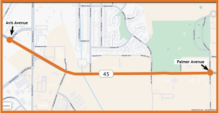 Map of Colorado Highway 45 in south Pueblo indicating project limits from Palmer Avenue to Avis Avenue