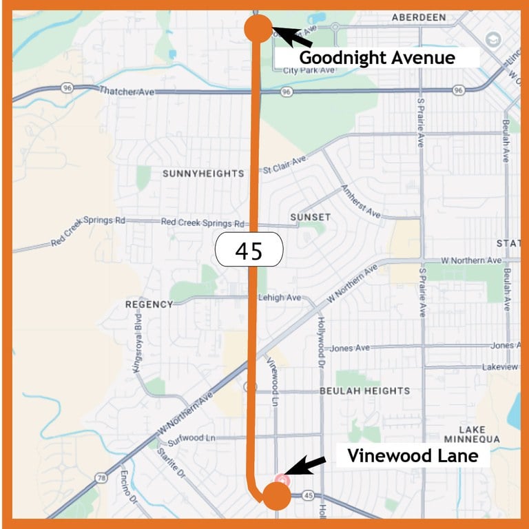 Map of Colorado Highway 45 in Pueblo indicating project limits from Vinewood Lane to Goodnight Avenue