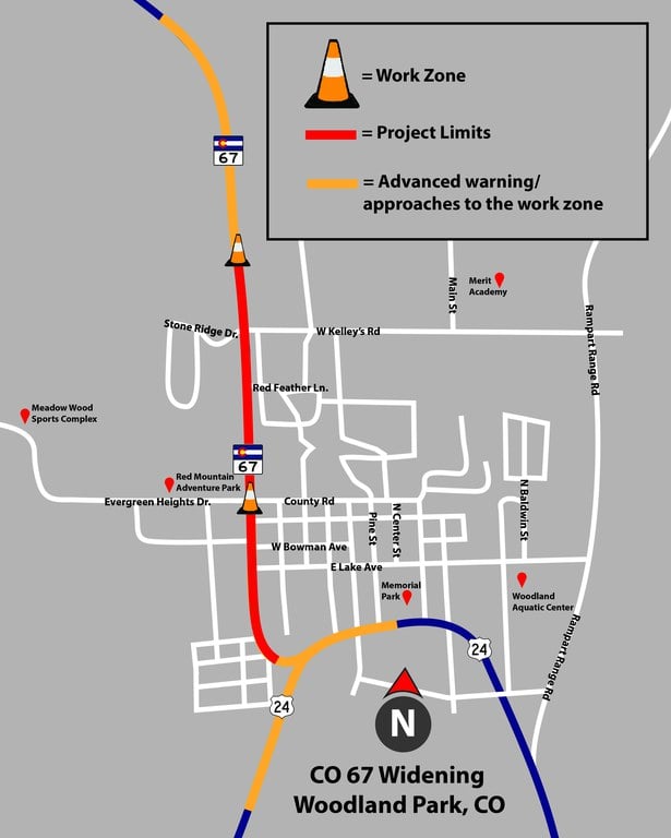 Project map of CO 67 widening project in Woodland Park