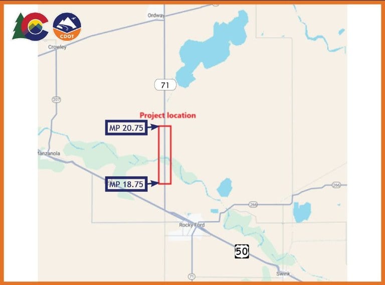 Map of Colorado Highway 71 between Rocky Ford and Ordway with project location surrounded by a red rectangle - mile point 18.75 to mile point 20.75.