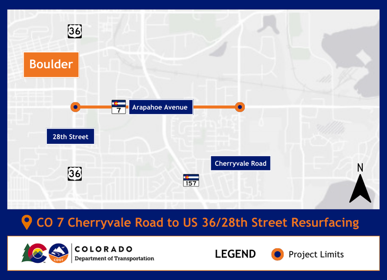 Map of project location on CO 7/Arapahoe Avenue between Cherryvale Road and US 36/28th Street in Boulder, Colo.