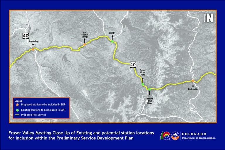 Map of proposed rail service from Kremmling to Rollinsville 