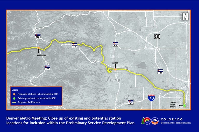 Map of proposed rail service from Rollinsville to Union