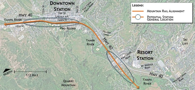 Close-up map of potential train station sites in Steamboat Springs, highlighting the Downtown and Resort Station areas