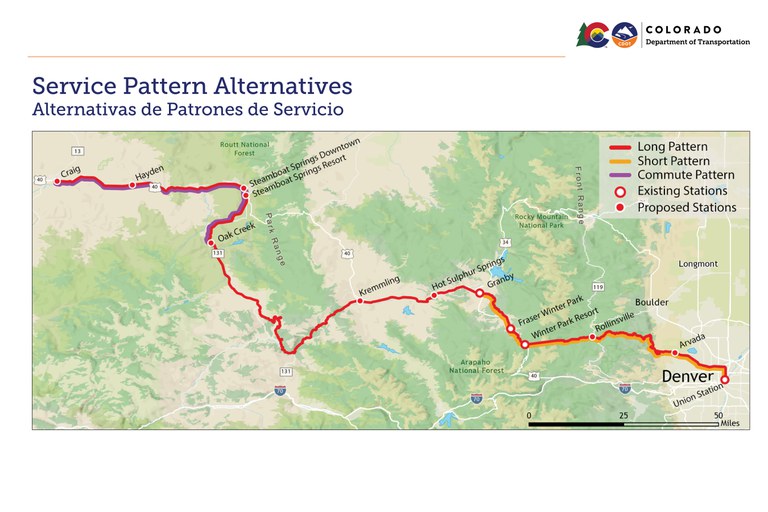 Map of proposed service pattern alternatives from Craig to Denver