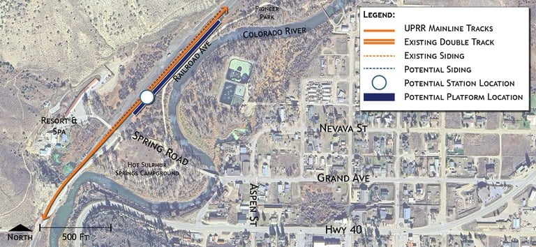 Close-up map of potential train station site in Hot Sulphur Springs, located north of Spring Road