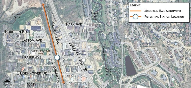 Close-up map of potential train station site in Fraser, located west of Zerex Street, Highway 40