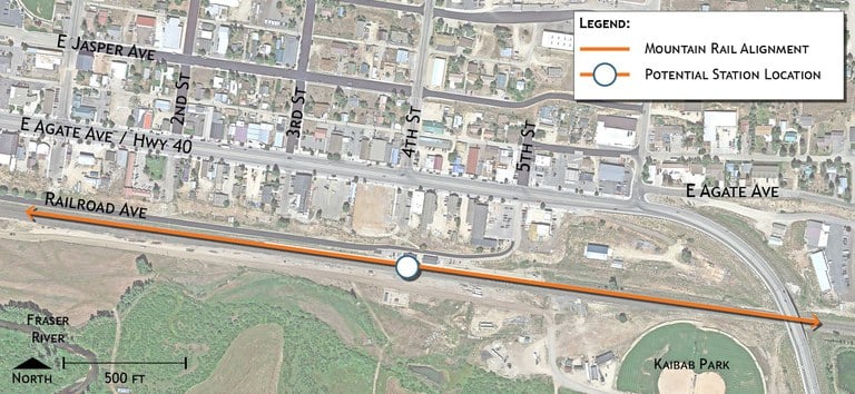 Close-up map of potential train station sites in Granby, located south of East Agate Avenue, Highway 40