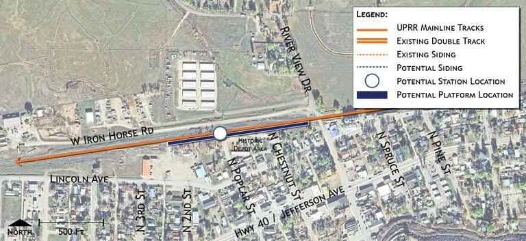 Close-up map of proposed train station site in Hayden, located on North Poplar Street south of West Iron Horse Road