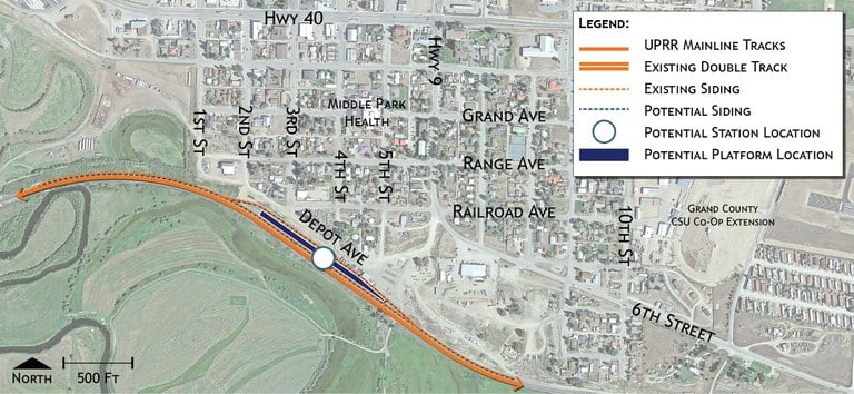 Close-up map of potential train station site in Kremmling, located south of Depot Avenue