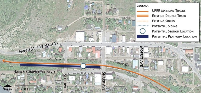 Close-up map of potential train station site in Oak Creek, located north of Nancy Crawford Boulevard, between Sharp Avenue and Bell Avenue