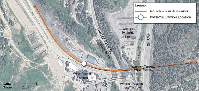 Close-up map of potential train station site in Winter Park Resort, located west of Winter Park Drive